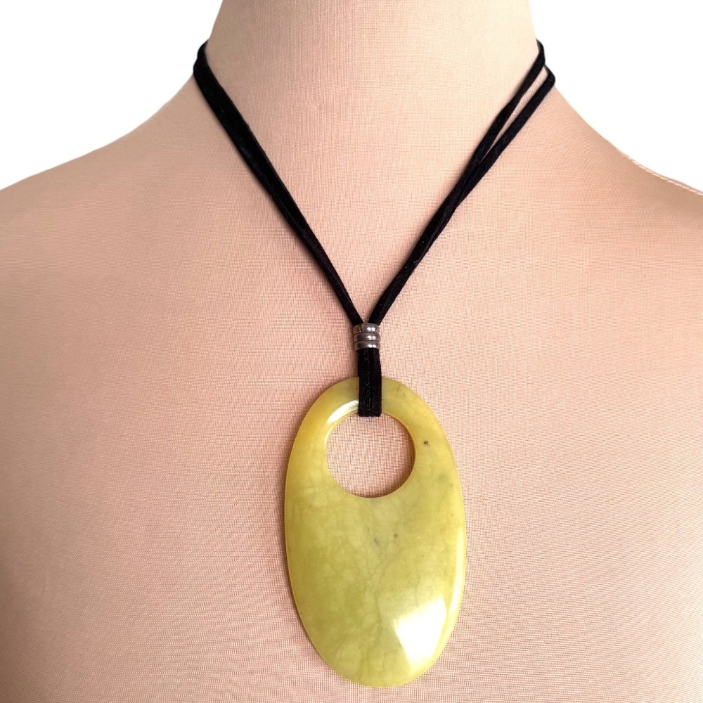 Green Stone Statement Pendant Necklace Black Cord 3" Oval